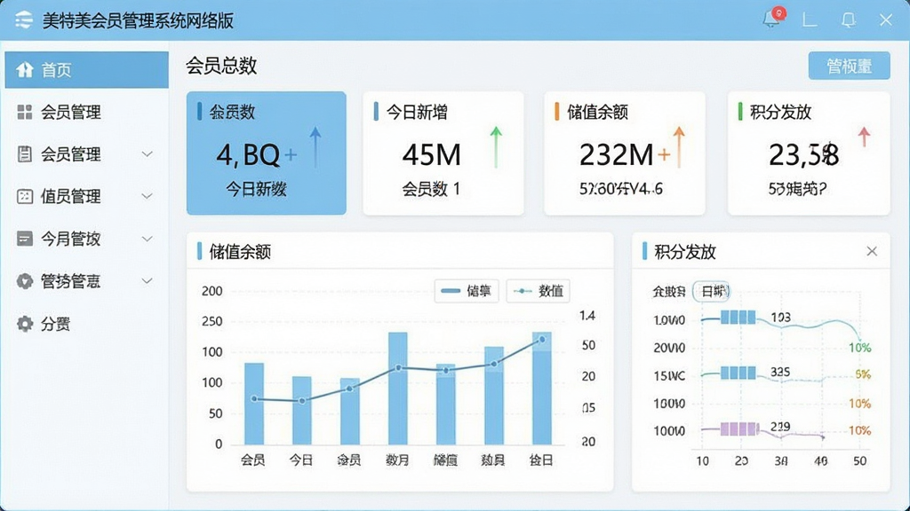 一张高清的软件界面截图,画面主体为美特美会员管理系统网络版的仪表盘首页,左侧清晰显示功能导航栏,右侧展示会员总数、今日新增、储值余额、积分发放等核心数据卡片。整体采用浅蓝与白色为主的商务风格,界面布局规整,数据可视化图表简洁美观,文字内容标注“美特美会员管理系统网络版”。画质清晰,细节丰富,无多余元素,比例16:9