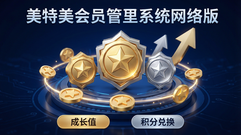 一个展示会员成长体系的3D概念图,画面中央是由金色与银色构成的等级徽章,周围环绕着上升的箭头和发光的积分圆环,下方有“成长值”“积分兑换”等标签。整体背景深蓝色,科技感十足,文字清晰标注“美特美会员管理系统网络版”,风格精致大气,画质细腻,无多余元素