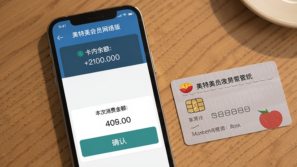 一张模拟手机收银界面的图片,屏幕显示美特美会员管理系统网络版的刷卡消费页面,上方为会员姓名与卡内余额,下方为本次消费金额和确认按钮,旁边放有一张实体会员卡。桌面为木质材质,整体色调温暖,细节真实,画质干净,无多余元素