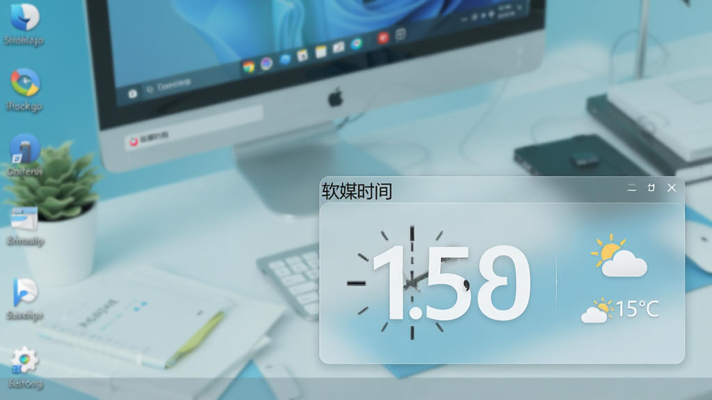 主体:软媒时间软件主界面,显示悬浮时钟与天气小部件。布局:桌面右下角悬浮窗特写,周围有简洁的电脑桌面环境。排版:时钟数字大而清晰,天气图标和温度在右侧。风格:扁平化UI设计,现代感,浅色背景。细节: