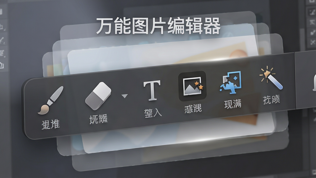 一张“万能图片编辑器”功能展示图,主体为软件工具栏展开特写,图标包括画笔、橡皮擦、文字工具、抠图魔棒等,每个图标下方有中文标签,背景为半透明的图层叠加效果。整体设计现代简洁,光影柔和,细节丰富,画质高清,无多余元素。