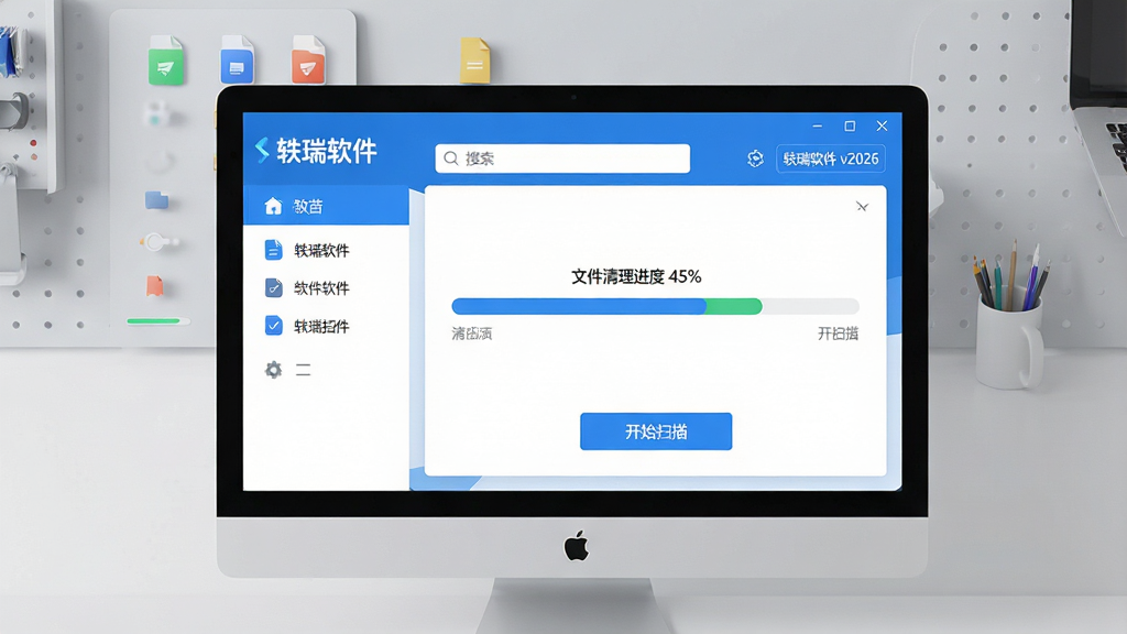 ���壺������Ļǰ��ʾ�����������������棬�������Ϊ�����б�ͼ�꣬�Ҳ�չʾ�ļ����������������֣����й�ͼ����������ռ����70%������Ϊ���ǳ��ɫ����̨���Ű棺����㼶�����������������򣬵ײ��С���ʼɨ�衱��ť������ִ���ƽ��UI��ƣ��Ƽ��У�ɫ��������Ϊ����ϸ�ڣ��ļ�ͼ�����������������ٷֱ����֡�45%�������ֱ�ǩ��ʾ���������� v2026�������ʣ������壬8K���ɾ����࣬�޶���Ԫ��