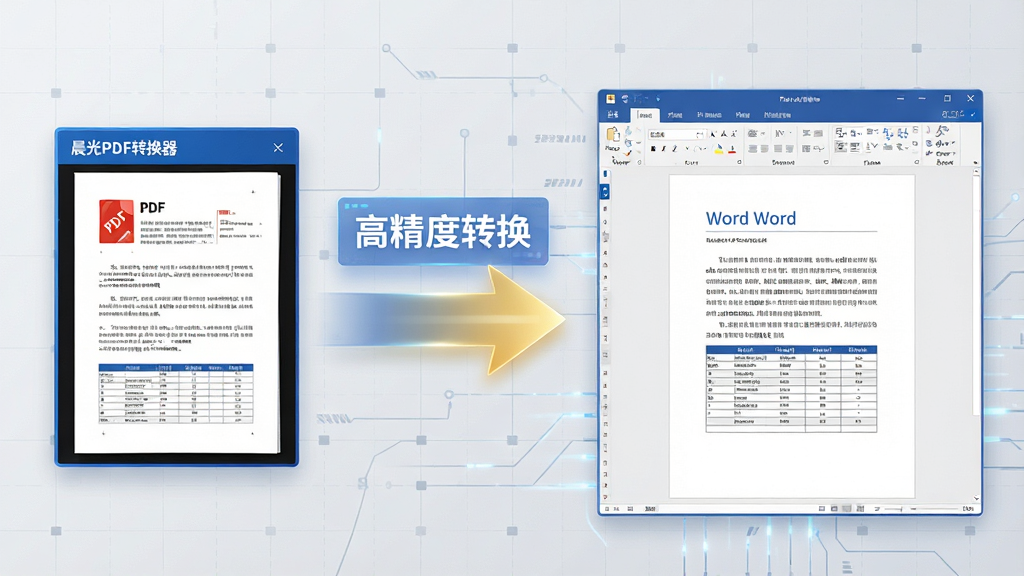 主体:晨光PDF转换器的转换过程示意图,左侧为一本打开的PDF电子文档,右侧为正在生成的Word文档预览窗口,中间以发光箭头连接,箭头旁悬浮着“高精度转换”字样。布局:左右对比式构图,左侧文档偏小,右侧预览窗口偏大,背景为浅灰科技网格。排版:整体风格商务科技蓝,箭头呈渐变金色,细节包含文件页面上缩略的文字行与表格线,画质清晰,干净整齐无杂乱元素。