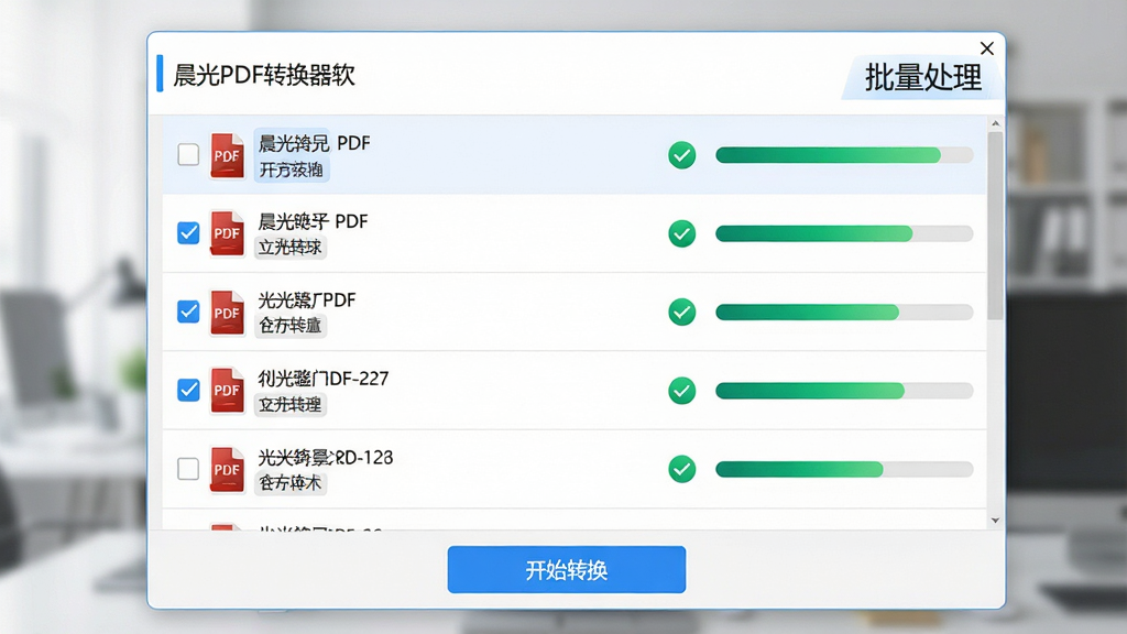主体:晨光PDF转换器软件批量处理功能界面,显示一个文件列表窗口,列表中有多份PDF文件正在被勾选,底部有“开始转换”蓝色按钮,界面右上角显示“批量处理”字样。布局:界面居中,文件列表竖排,每行文件右侧有绿色对勾和进度条。排版:整体采用浅色商务风格,主色调为白与蓝,进度条为翠绿色渐变,界面干净明亮,细节包含文件名称与大小标签,画质高清,无多余元素。