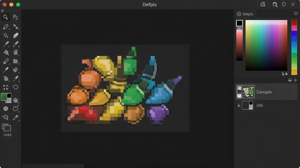 Defpix软件主界面预览图,深色画布上呈现彩色像素画笔与图层面板,左侧工具栏齐全,右侧颜色选择器,整体布局简洁专业,现代扁平化设计风格,高分辨率,干净无多余元素