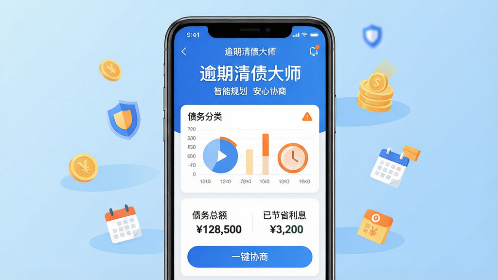 主体:手机屏幕展示“逾期清债大师”主界面,界面中有债务分类图表、还款倒计时提醒和“一键协商”按钮;布局:手机居中,背景为浅蓝色渐变,周围环绕金币、盾牌、日历等小图标;排版:界面文字清晰,突出“逾期清债大师”名称及“智能规划”“安心协商”字样;风格:现代扁平化,配色以蓝白为主,点缀橙色警示色;细节:手机屏幕内显示“债务总额 128,500”“已节省利息 3,200”等数据;画质:高清渲染,干净无多余元素。