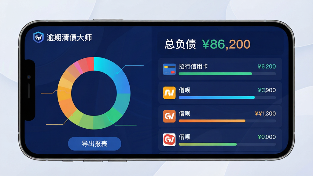 主体:手机横屏展示“逾期清债大师”债务全景管理页面,左侧为彩色环形图,右侧为债务列表;布局:页面顶部有“总负债 86,200”大字,列表项标有“招行信用卡”“借呗”等名称及进度条;排版:数据可视化,行列对齐,颜色区分不同债务类型;风格:商务科技感,背景深蓝,图表亮色;细节:屏幕左上角显示“逾期清债大师”Logo,底部有“导出报表”按钮;画质:精细UI设计,干净无多余元素。