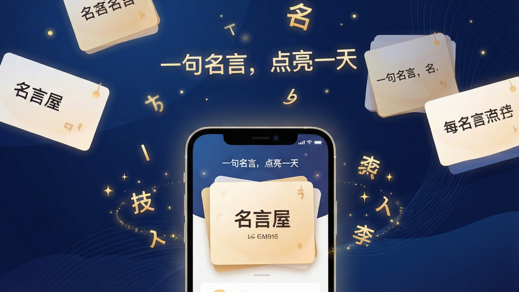 主体:一部亮着柔和光芒的智能手机,屏幕显示“名言屋”精美卡片式语录界面,周围漂浮着金色文字符号与星光粒子。布局:手机居中偏下,上方留出空间展示飘散的名言文字;排版:卡片错落有致,文字清晰可读;风格:现代扁平结合微光效,文艺且高级;细节:屏幕中可见“一句名言,点亮一天”的标题字样,背景为深蓝色渐变带抽象线条;画质:8K超清,干净无多余元素。