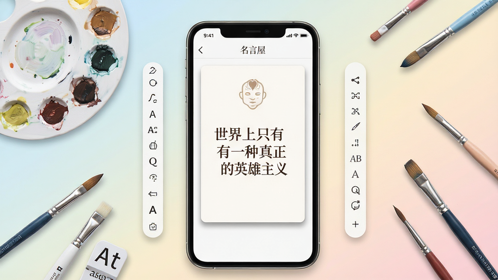 主体:一部手机展示“名言屋”分享卡片编辑界面,背景是柔和渐变,卡片上有“世界上只有一种真正的英雄主义”文字。布局:手机居中,周围散落调色盘、字体工具等元素;排版:卡片优雅居中,编辑工具栏环绕四周;风格:清新文艺,色彩柔和;细节:文字清晰,字体有衬线感,卡片边缘有细微阴影;画质:干净无多余元素。