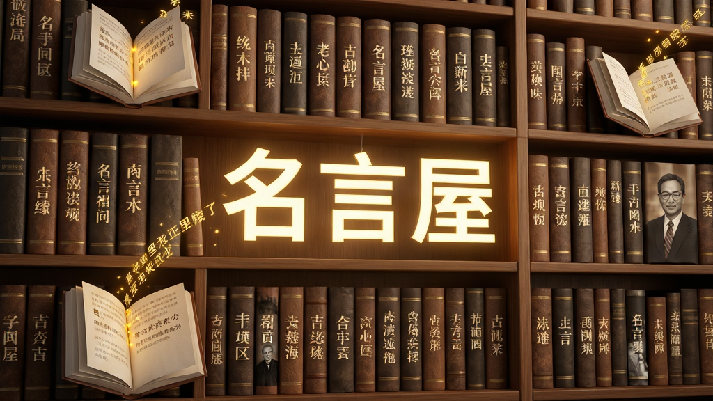 主体:一个巨大的虚拟书架,每本书脊上印着不同名人的名字,书架中央悬浮着发光的“名言屋”字样。布局:书架占满背景,中央文字醒目;排版:书籍排列整齐,从古至今顺序过渡;风格:3D渲染与写实结合,光线温暖;细节:书本纹理清晰,部分书籍打开后飘出金色句子;画质:高分辨率,干净无多余元素。