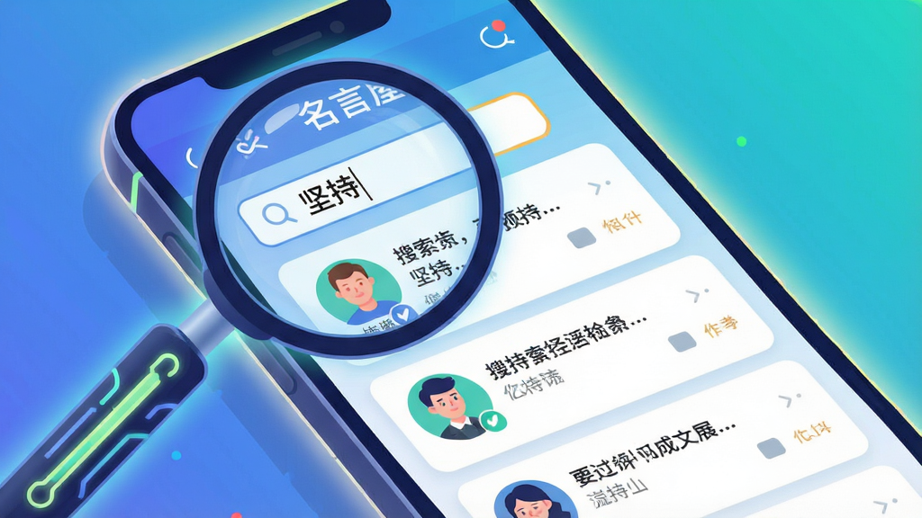 主体:一个放大镜正在扫描手机屏幕上的“名言屋”搜索界面,搜索框内显示“坚持”,下方结果卡片整齐排列。布局:放大镜位于左上角,手机屏幕占据主要画面;排版:搜索结果以列表式卡片展示,有作者头像和句子摘录;风格:科技感扁平插画,色彩明快;细节:放大镜手柄带有发光线条,屏幕边缘有柔和光晕;画质:4K超清,干净无多余元素。