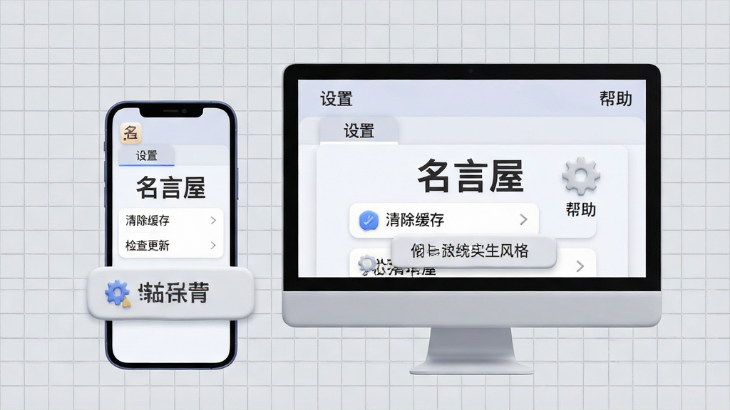 主体:一部手机和一台电脑并排放置,屏幕上都显示“名言屋”应用界面,旁边有齿轮图标和“帮助”字样。布局:双设备居中,背景为浅灰色网格;排版:界面内容清晰展示,下方有提示框;风格:简洁实用,带一点3D感;细节:手机与电脑屏幕中显示“设置”菜单栏,有“清除缓存”“检查更新”选项;画质:干净无多余元素。
