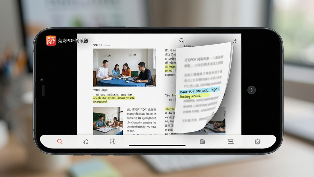 主体:克克PDF阅读器软件在手机上的使用界面,手机横屏显示PDF文档,有翻页动画,屏幕上有高亮批注标记。布局:手机位于画面中央,屏幕内容清晰,背景虚化。排版:手机界面简洁,底部有工具栏。风格:写实手机摄影风格,光线柔和。细节:手机屏幕显示“克克PDF阅读器”应用图标,文档内容为图文混排。画质:超高清,干净,无多余元素。