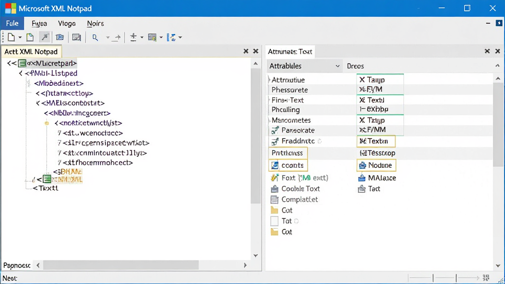 主体:Microsoft XML Notepad软件界面,左侧为XML树形结构,右侧为属性面板,界面简洁清晰;布局:双窗格左右分布,蓝色菜单栏,白色背景;排版:软件界面居中展示,周围留白;风格:现代扁平化设计,微软官方风格;细节:树形节点展开,属性区显示文本值,高亮语法颜色;画质:高分辨率,干净,无多余元素
