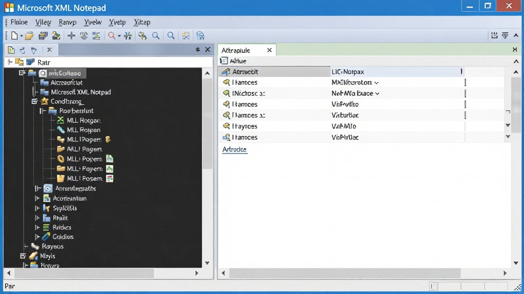 主体:Microsoft XML Notepad的双窗格界面,左侧树形节点,右侧属性编辑区;布局:左右分栏,左侧深色背景树形列表,右侧白色表单;排版:软件窗口全屏展示,上方工具栏;风格:专业编辑器风格,清晰的视觉分区;细节:节点旁有小图标,右侧显示属性名称和值,文字清晰可读;画质:高分辨率,干净,无多余元素