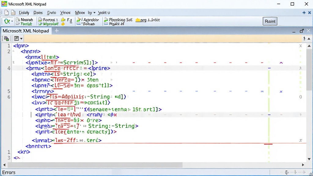 主体:Microsoft XML Notepad的代码编辑区域,显示XML代码并带有彩色语法高亮;布局:代码行排列,部分行标红提示错误;排版:编辑器占满整个画面,顶部有错误列表;风格:代码编辑器风格,颜色鲜艳清晰;细节:标签用蓝色,属性用红色,字符串用绿色,错误行有红色下划线;画质:高分辨率,干净,无多余元素