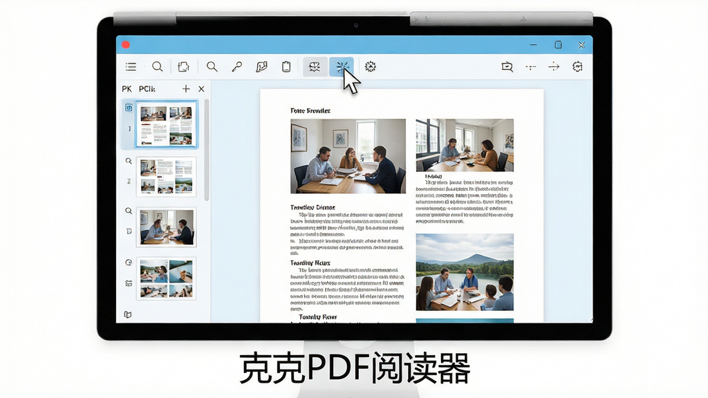主体:克克PDF阅读器软件界面展示在电脑屏幕中央,屏幕中显示一份图文并茂的PDF文档,界面顶部有简洁的工具栏,左侧为缩略图导航栏,整体风格干净明亮。布局:电脑位于画面中央,屏幕内容清晰可辨,周围留白,底部有软件名称“克克PDF阅读器”文字标识。排版:界面元素排列整齐,图标线性风格,文档内容清晰。风格:现代扁平化设计,浅蓝色主色调,搭配白色背景,给人清爽专业之感。细节:屏幕中显示高清晰度的文字和图片,工具栏图标精致,鼠标光标指向一处功能按钮,画质:超高清8K,干净无多余元素。