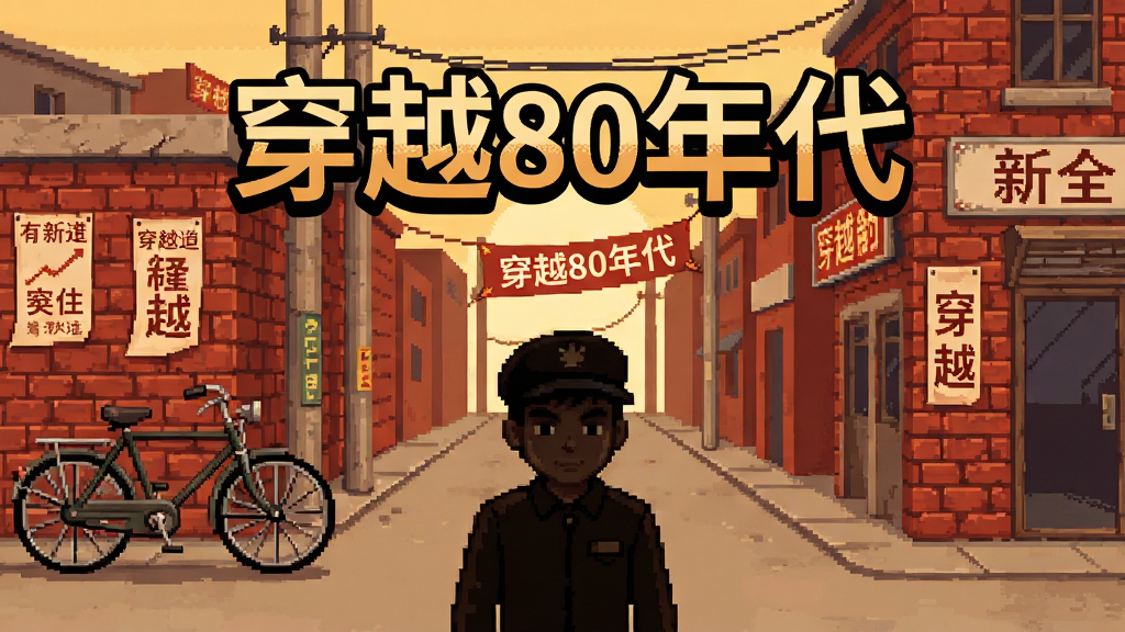 画面中央展示《穿越80年代》游戏主界面,背景是充满年代感的80年代中国街道,有老式自行车、红砖墙、宣传标语,前景是主角人物剪影,界面设计复古,带有“穿越80年代”中文字样,整体色调温暖怀旧,风格为精致像素艺术,画质高清,干净无多余元素