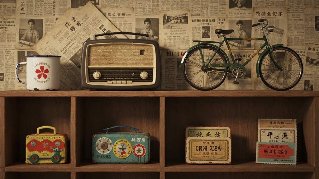 物品收集界面,展示各种80年代老物件,如搪瓷缸、老式收音机、二八杠自行车、铁皮玩具、粮票等,整齐排列在木格架上,背景是旧报纸墙,柔和光线,高清渲染,干净无多余元素