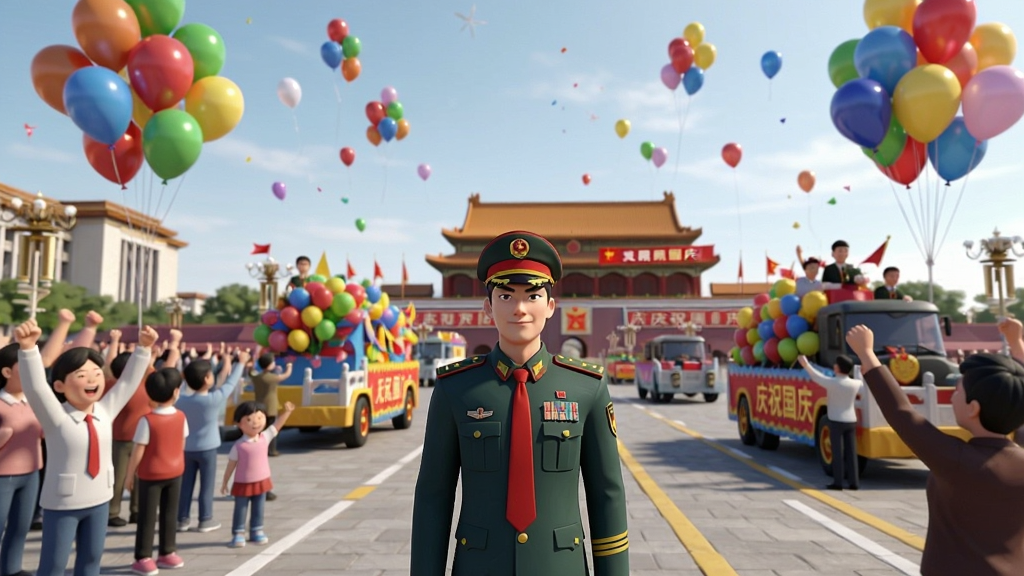 游戏内互动事件场景,主角站在天安门广场,周围是欢呼的人群和彩车,空中飘着气球,远处可见“庆祝国庆”的标语,画面宏伟壮观,色彩鲜艳,风格写实,细节丰富,干净无多余元素