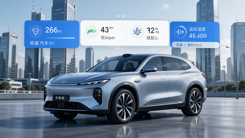 ��������APP�����棬չʾһ�������͸߶˵綯SUVͣ���ִ����о����У�����������ʾ���������������¶ȡ�̥ѹ�����ݣ�����ͻ����������APP����Ϊǰ����ʵ��Ϊ���������ÿƼ���������ɫ�Ű棬��ƽ����Ʒ��ϸ�ڰ���������ͼ����������壬���ʸ���ɾ��޶���Ԫ��