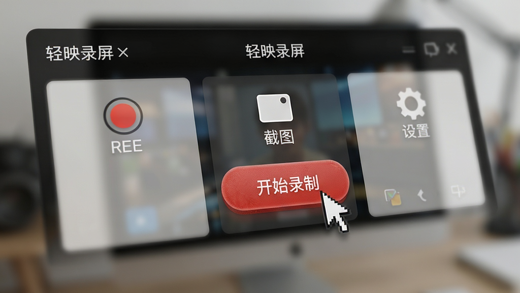 特写镜头展示“轻映录屏”简洁的软件操作界面,鼠标指针正 hovering 在红色的“开始录制”按钮上,界面布局排版清晰,仅有录制、截图、设置三个主要功能区域,背景虚化,突出按钮质感,风格写实,画质清晰干净