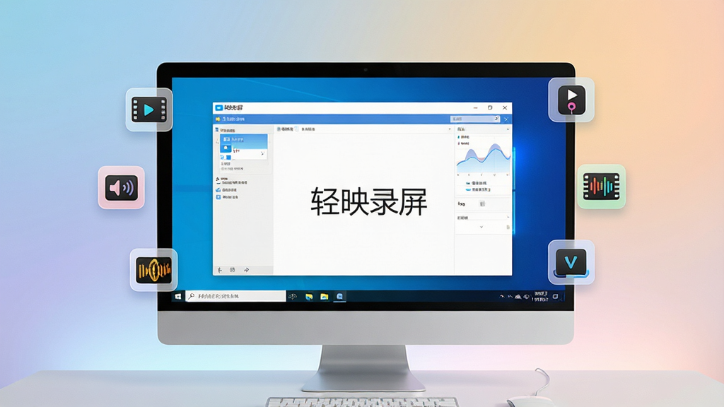 一张现代简约风格的电脑屏幕录制软件宣传主视觉图,画面中央是运行在Windows桌面上的“轻映录屏”主界面,界面设计清爽干净,周围漂浮着代表视频、音频、高清画质的小图标,背景为柔和的渐变色,整体布局大气,画质细腻干净无多余元素