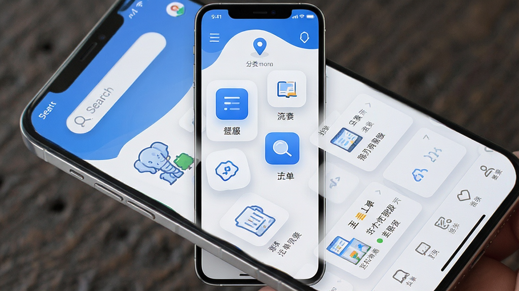 生成一张象与电服软件主界面预览图,主体为智能手机屏幕展示应用首页,布局上方为搜索栏与定位信息,中间为分类功能图标网格,底部为导航栏,风格现代简洁,色彩以蓝色和白色为主,细节包含工单卡片列表,画质清晰干净,无多余元素
