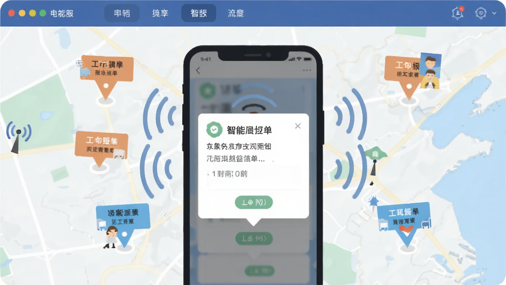 创建一张象与电服智能派单流程示意图,主体为地图界面显示多个工单标记点,布局中央为手机界面,弹出订单卡片,风格扁平化插画,细节包含信号波纹与时间标签,画质干净,无多余元素