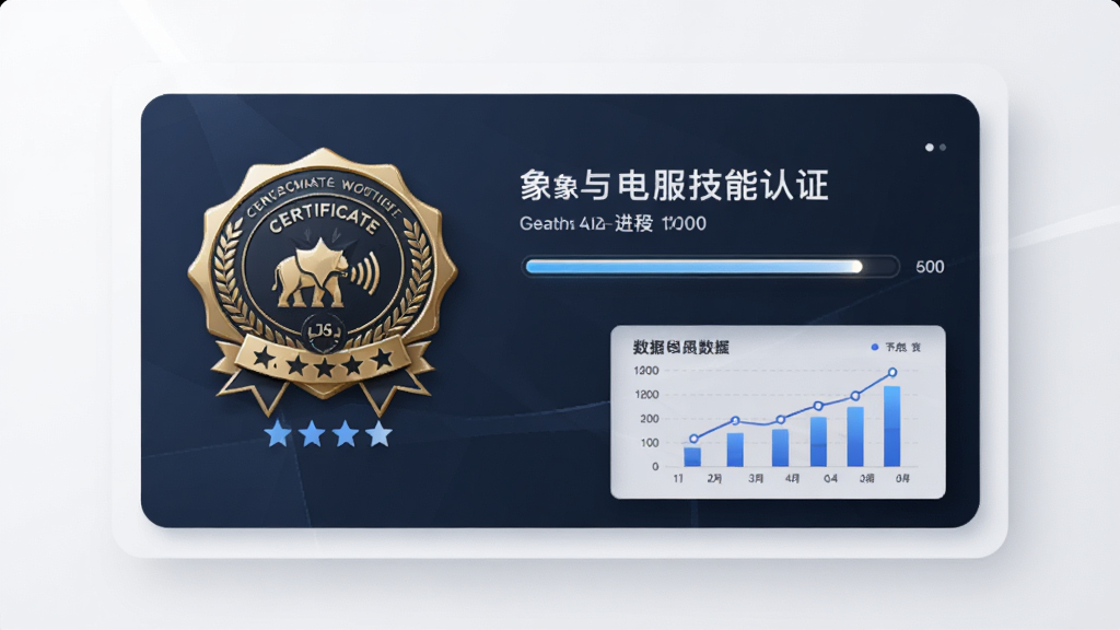 生成象与电服技能认证页面视觉,主体为证书徽章与进度条,布局采用卡片式设计,风格商务大气,细节包含星级评分与数据图表,画质精致,无多余元素