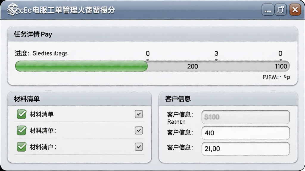绘制象与电服工单管理界面截图,主体为任务详情页,布局包含进度条、材料清单与客户信息,排版整齐,风格拟物化,细节有对勾图标,画质清晰,无多余元素