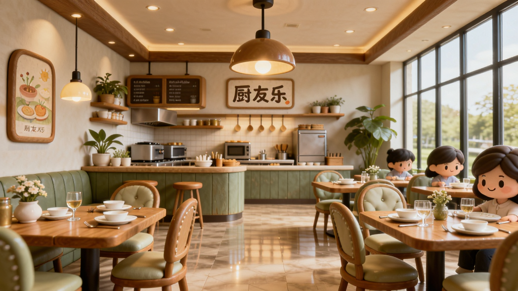 主体:一家装修精美的卡通风格餐厅内部全景。布局:前景为木质餐桌与精致餐椅,中景是开放式厨房,后景是绿植与落地窗。排版:餐厅中央吊灯散发暖光,墙上挂着“厨友乐”装饰画。风格:温馨田园与轻奢结合,色彩和谐。细节:地板反光,餐具摆放整齐,顾客微笑用餐。画质:高清通透,层次分明,画面干净。
