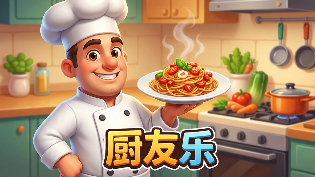 主体:一位卡通风格的主厨角色,身着白色厨师服,面带自信微笑,双手端着一盘色香味俱全的意大利面。布局:主厨位于画面中央偏左,右侧是温馨的餐厅厨房背景,灶台上摆放着新鲜食材与锅具。排版:画面下方中央有醒目的游戏Logo文字“厨友乐”。风格:明亮鲜艳的卡通渲染,色彩温暖,光影柔和。细节:食材纹理清晰,蒸汽袅袅,展现出现代厨房的精致感。画质:高清细腻,干净无多余元素。