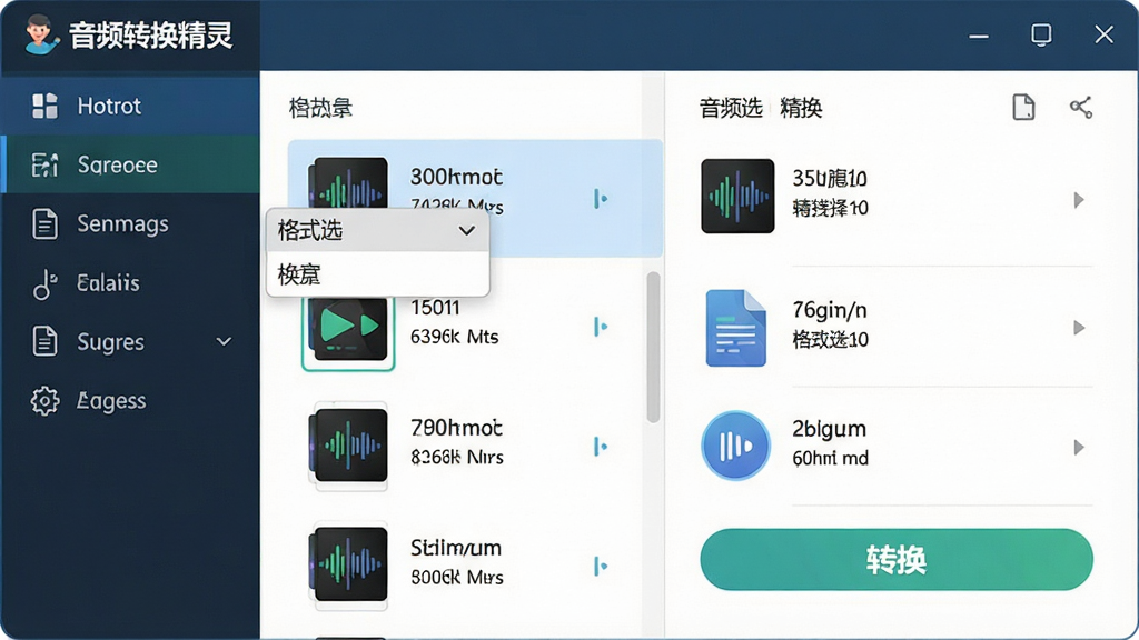主体:音频转换精灵软件主界面,展示简洁的功能布局与音频文件列表。布局:左侧功能导航栏,右侧为音频转换操作区,文件信息清晰可见。排版:现代扁平化设计,色彩明快。风格:科技感与亲和力结合。细节:界面标注“音频转换精灵”字样,展示格式选择下拉菜单与转换按钮。画质:高清,干净,无多余元素。