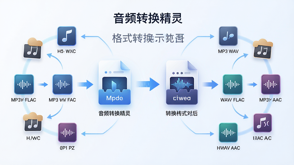 主体:音频转换精灵格式转换功能示意图,显示不同音频格式图标与转换流程。布局:中心展示转换前后文件格式对比,周围环绕格式图标。排版:清晰直观的流程导向设计。风格:简洁科技风。细节:画面中标注“音频转换精灵”及“MP3 WAV FLAC AAC”等字样。画质:高清,干净,无多余元素。