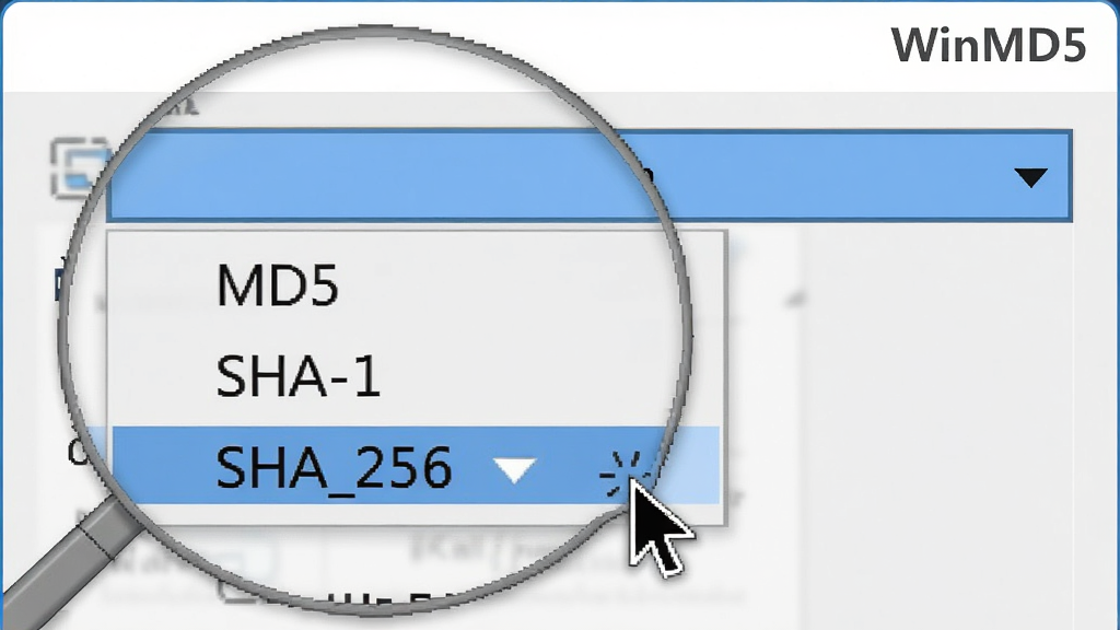 主体:WinMD5软件界面放大展示算法选择下拉菜单,包含MD5、SHA-1、SHA-256选项。布局:菜单展开状态,光标悬停在SHA-256上。排版:菜单项清晰,字体清晰易读。风格:简洁商务风格,浅灰背景。细节:界面右上角显示“WinMD5”字样,下拉菜单带有蓝色高亮。画质:高清、干净、无多余元素。