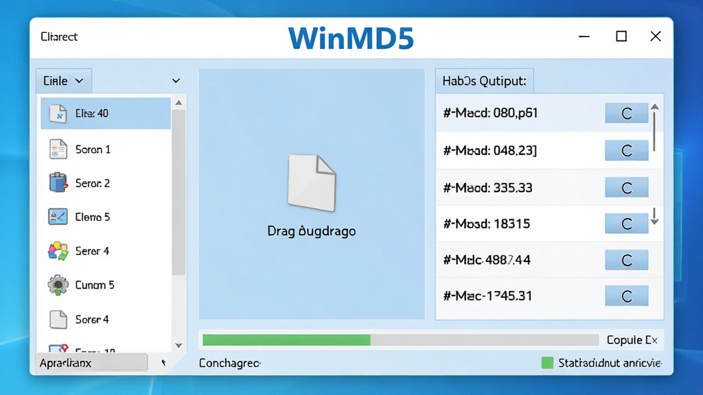 主体:WinMD5软件主界面悬浮在电脑屏幕中央,显示文件拖拽区域和哈希值结果列表。布局:左侧为文件选择列表,右侧为哈希值输出区域,底部有校验进度条和状态提示。排版:界面整洁,各功能区块清晰划分,按钮大小适中。风格:现代化扁平设计,浅蓝色主色调,搭配白色背景。细节:软件名称“WinMD5”以蓝色粗体显示在窗口顶部,结果列表支持复制按钮。画质:高清、干净、无多余元素。