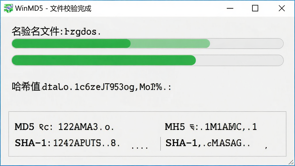 主体:WinMD5软件运行界面显示文件校验进度条和结果。布局:窗口中央显示文件名、进度条和哈希值输出,底部分别显示MD5、SHA-1结果。排版:信息纵向排列,清晰明了。风格:浅色背景,绿色进度条,整体清爽。细节:窗口标题栏显示“WinMD5 - 文件校验完成”,结果区域文字为黑色等宽字体。画质:高清、干净、无多余元素。