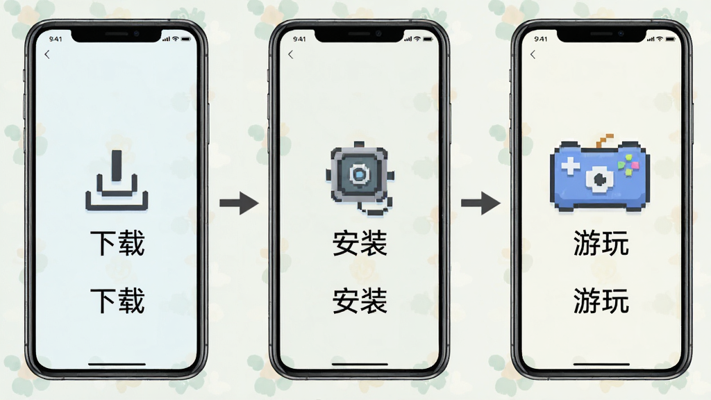 一张展示辛辛花园安装器操作流程的步骤图,主体分为三步:第一步点击下载,第二步自动安装,第三步点击开始游戏。图片以手机截图的形式横向排列,每一步都有箭头指示连接,背景为淡雅的纯色,配以简短的文字说明“下载”、“安装”、“游玩”,风格干净整洁,画质清晰。