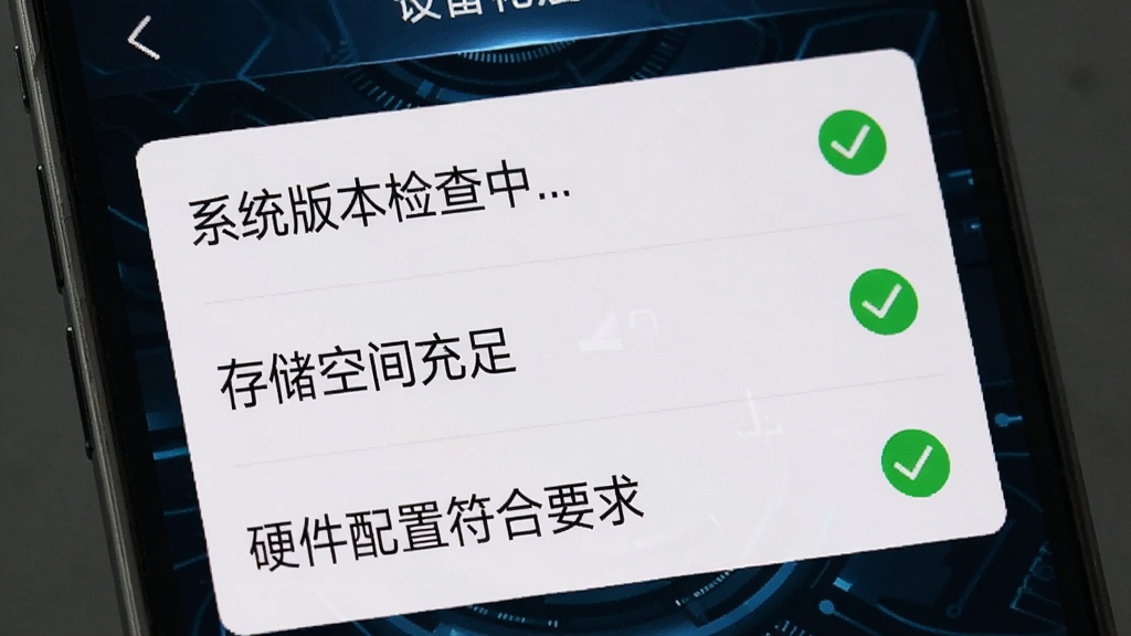 一张辛辛花园安装器进行设备检测的界面截图,手机屏幕上显示着“系统版本检查中...”、“存储空间充足”、“硬件配置符合要求”的列表,每一项后面都有一个绿色的对勾标志。背景为深色科技感风格,文字清晰可见,图片主体为屏幕特写,干净无多余元素。