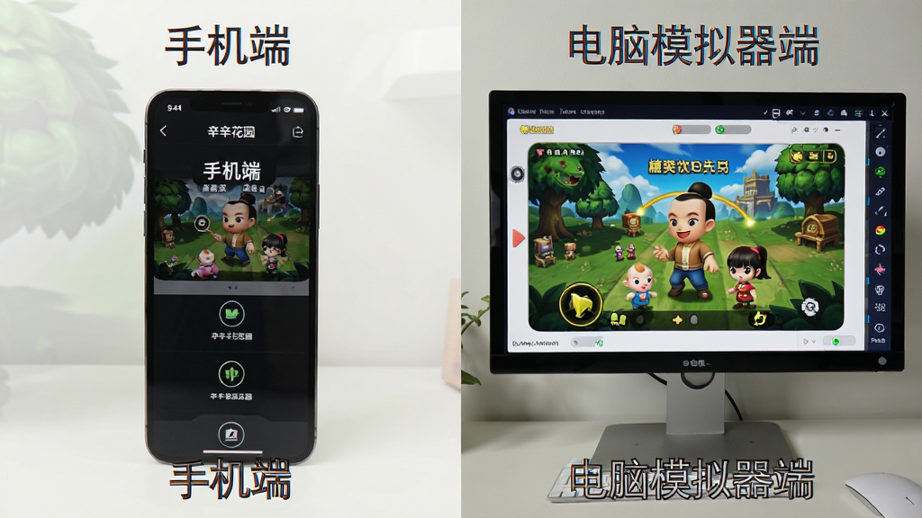一张分屏对比图片,左侧是手机端安装辛辛花园安装器的界面,右侧是电脑上运行安卓模拟器安装游戏的界面。图片风格清晰,文字标注“手机端”与“电脑模拟器端”,背景简洁,画质干净。