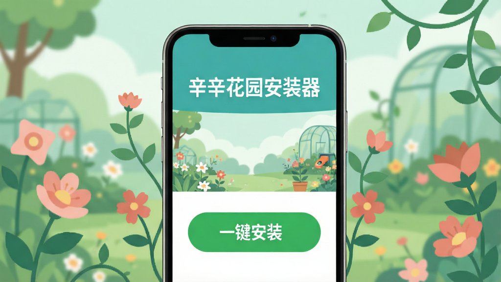 画面中央展示一个名为“辛辛花园安装器”的手机应用界面,界面设计简洁现代,主色调为清新的蓝绿色,背景是柔和的花园景观,手机屏幕上方有“辛辛花园安装器”的字样,下方是醒目的“一键安装”绿色按钮。整体布局以手机为中心,周围环绕着花朵和藤蔓元素,风格扁平化,画质高清,干净无多余元素。