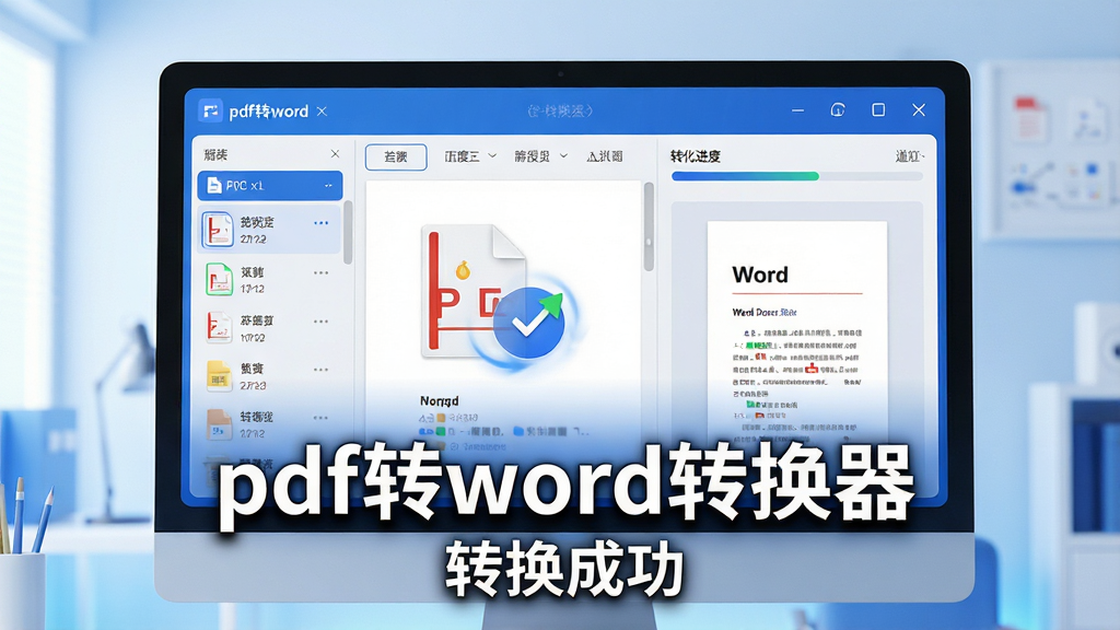 主体:电脑屏幕中显示PDF文件正在转换为Word文档的界面,屏幕下方有醒目的“pdf转word转换器”软件名称与“转换成功”提示;布局:居中构图,软件窗口占画面主体,左侧为PDF文件列表,右侧为转换进度条与Word预览;排版:现代扁平化UI,功能按钮排列有序;风格:写实3D渲染,科技蓝主色调,搭配明亮背景;细节:文件图标清晰,转换动画流畅,屏幕上文字“pdf转word转换器”清晰可见;画质:高清8K,干净无多余元素