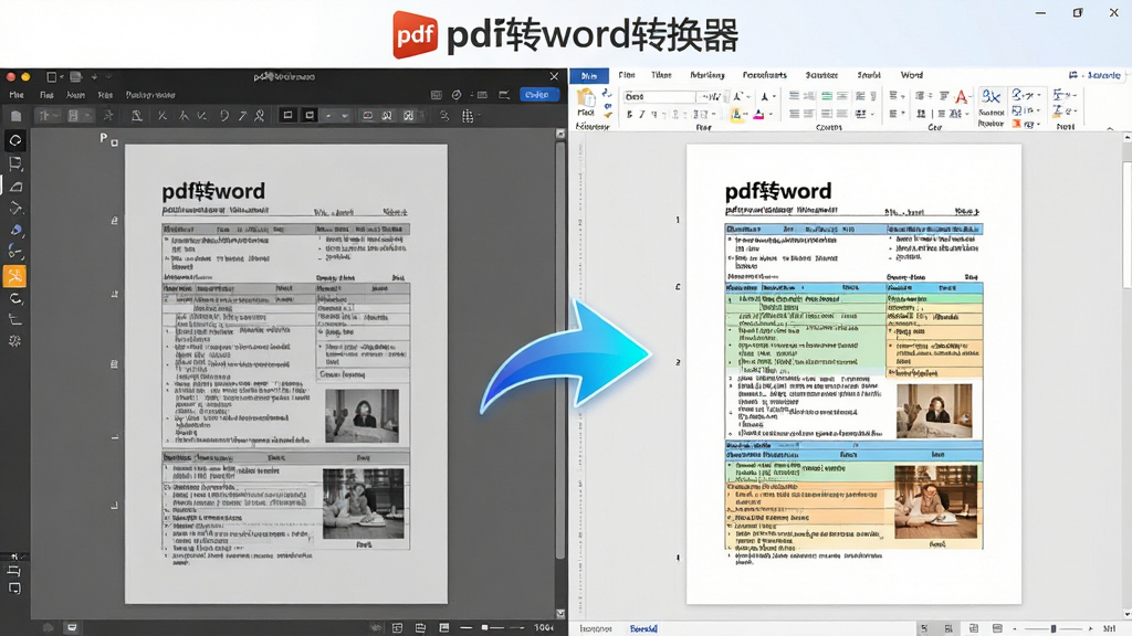 主体:一份包含图文混排和复杂表格的PDF文档在软件中完成转换后,在Word中打开,左侧为原PDF缩略图,右侧为转换结果的Word文档,两者并排对比;布局:左右分屏设计,中间有动态箭头连接,突出转换过程;排版:左侧PDF为灰色调,右侧Word为彩色高亮,形成鲜明对比;风格:清新简洁的对比展示风格;细节:Word文档中文字、表格、图片清晰可辨,版面与PDF完全一致,屏幕上方有“pdf转word转换器”软件logo;画质:高清,干净无多余元素
