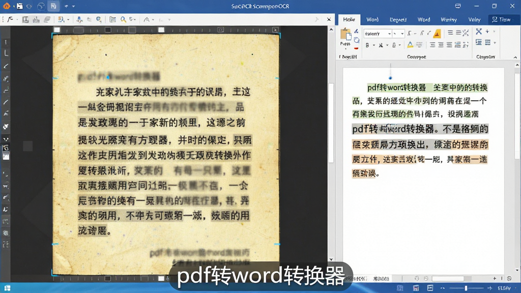 主体:一张扫描的纸质文档被放入软件,经过OCR识别后,文字被高亮标记并提取到右侧Word编辑区;布局:左右结构,左侧为扫描文档原图,右侧为识别出的文字;排版:扫描件泛黄,识别区为纯白背景,文字清晰;风格:对比明显的处理效果展示;细节:左侧扫描件有轻微噪点,右侧文字字体统一,软件名称“pdf转word转换器”浮于屏幕底部;画质:高清,干净无多余元素