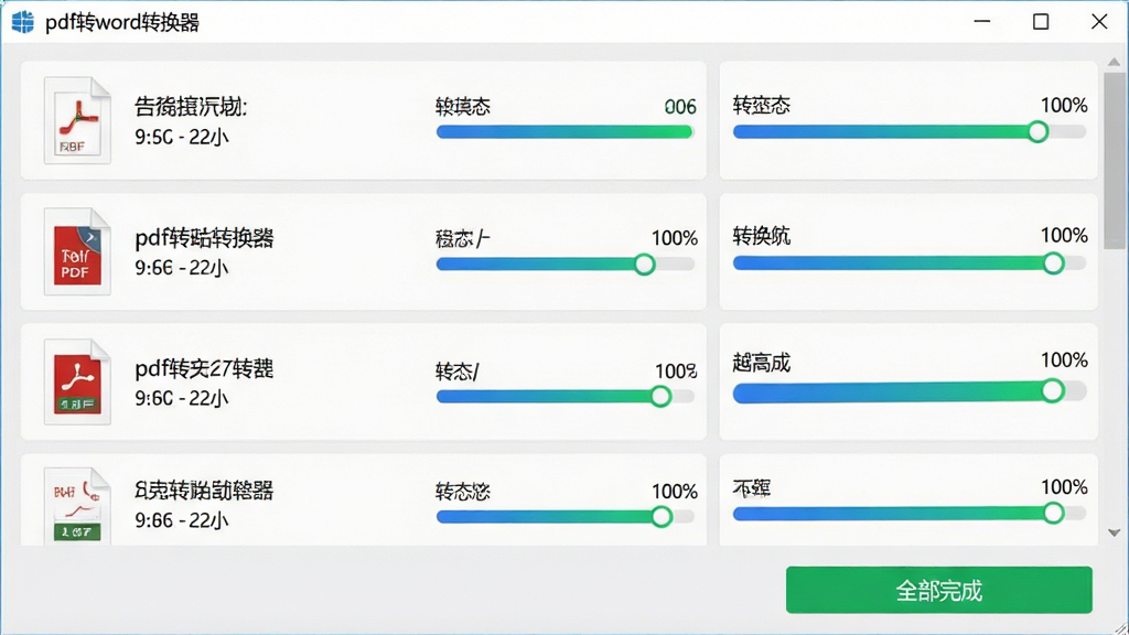主体:软件主界面中同时排列多个PDF文件,每个文件右侧显示独立的转换进度条,进度全部达到100%,下方有“全部完成”的绿色按钮;布局:列表式界面,文件整齐排列;排版:清晰的网格布局,每行一个文件,状态图标醒目;风格:商务简约风格,浅灰背景;细节:文件名称、大小、转换状态一目了然,进度条为蓝绿色渐变,软件名“pdf转word转换器”位于左上角;画质:高清,干净无多余元素