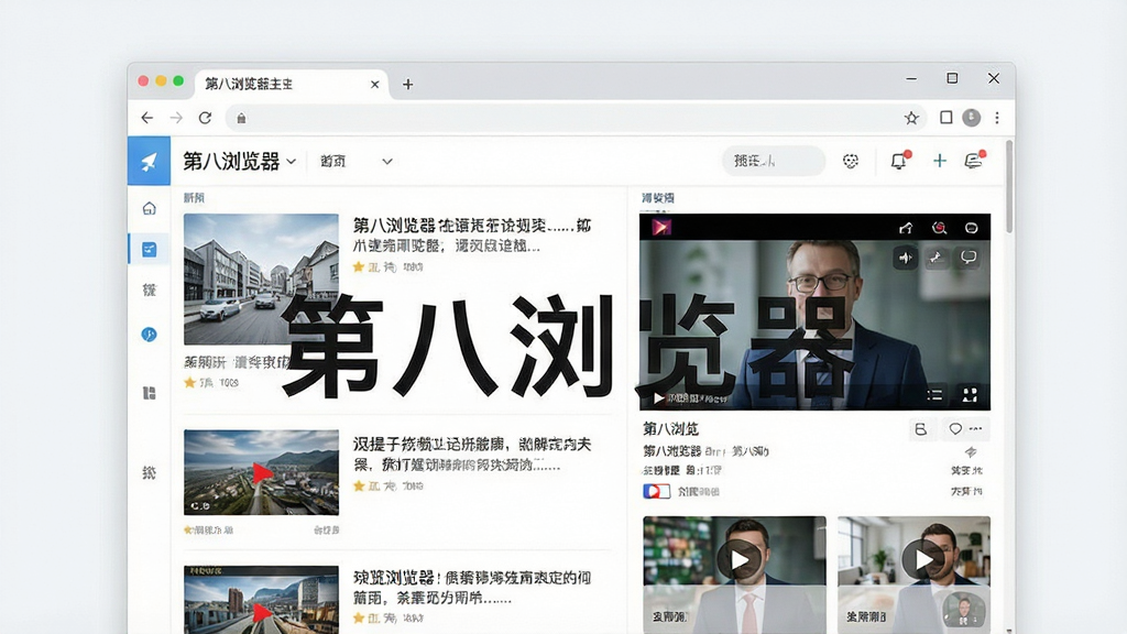 一张展示第八浏览器主界面的高清产品预览图,主体是简洁明亮的浏览器窗口,窗口内展示着新闻资讯与视频网站页面,布局规整,排版清晰,整体风格现代简约,细节丰富,画质干净,无多余元素,图片上需有文字“第八浏览器”