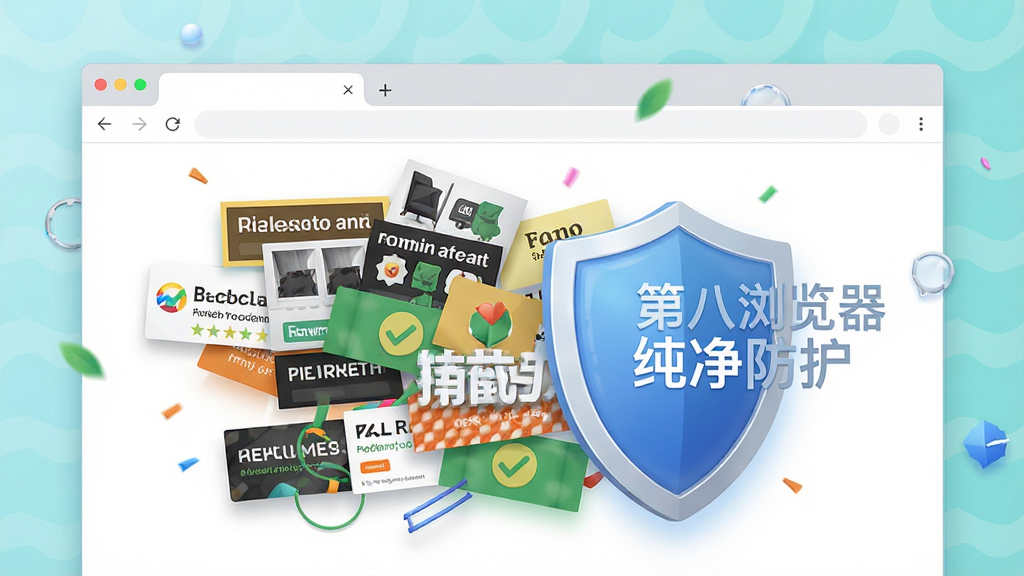 一张表现第八浏览器广告拦截功能的创意图片,主体是浏览器页面中代表广告的杂乱元素被盾牌阻挡在外,布局对比鲜明,排版简洁,风格清新,细节处理到位,画质干净,无多余元素,图片上带有“第八浏览器 纯净防护”字样