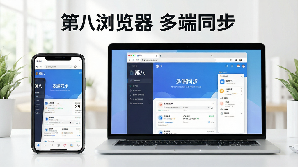 一张展示第八浏览器在手机和电脑上同时使用的场景图,主体是手机与笔记本电脑并排,屏幕上均显示第八浏览器界面,布局平衡,排版清晰,风格明亮,细节丰富,画质干净,无多余元素,图片上带有“第八浏览器 多端同步”字样