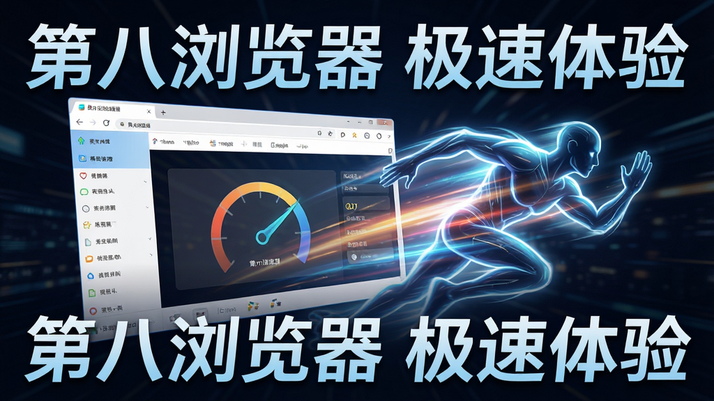 一张展示第八浏览器速度性能的宣传图,主体是浏览器界面搭配极速奔跑的抽象光影效果,布局动感,排版有张力,风格科技感强,细节丰富,画质清晰干净,无多余元素,图片上带有“第八浏览器 极速体验”字样